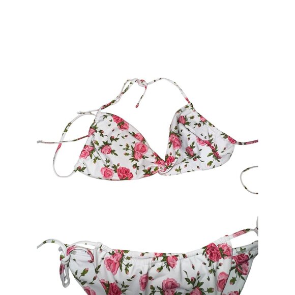 Pink Rose Floral Triangle Bikini Large‎ White Two Piece Swimsuit Bathing Suit - Picture 4 of 5